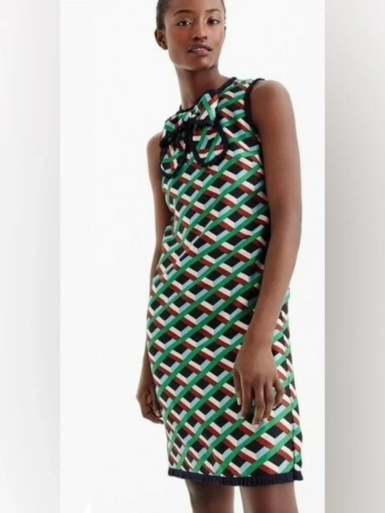 J CREW Silk Dress in Ratti Graphic Diamond Print - G8437 - Sz 0 - Picture 2 of 12